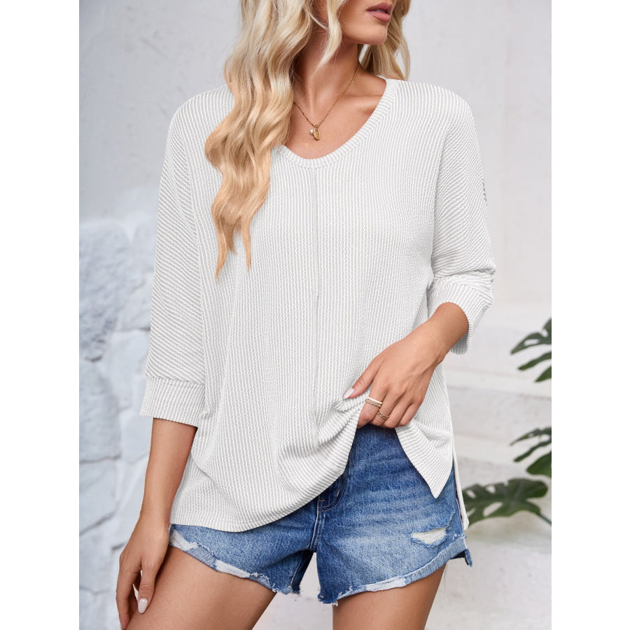 Textured Round Neck Three-Quarter Sleeve Blouse Apparel and Accessories