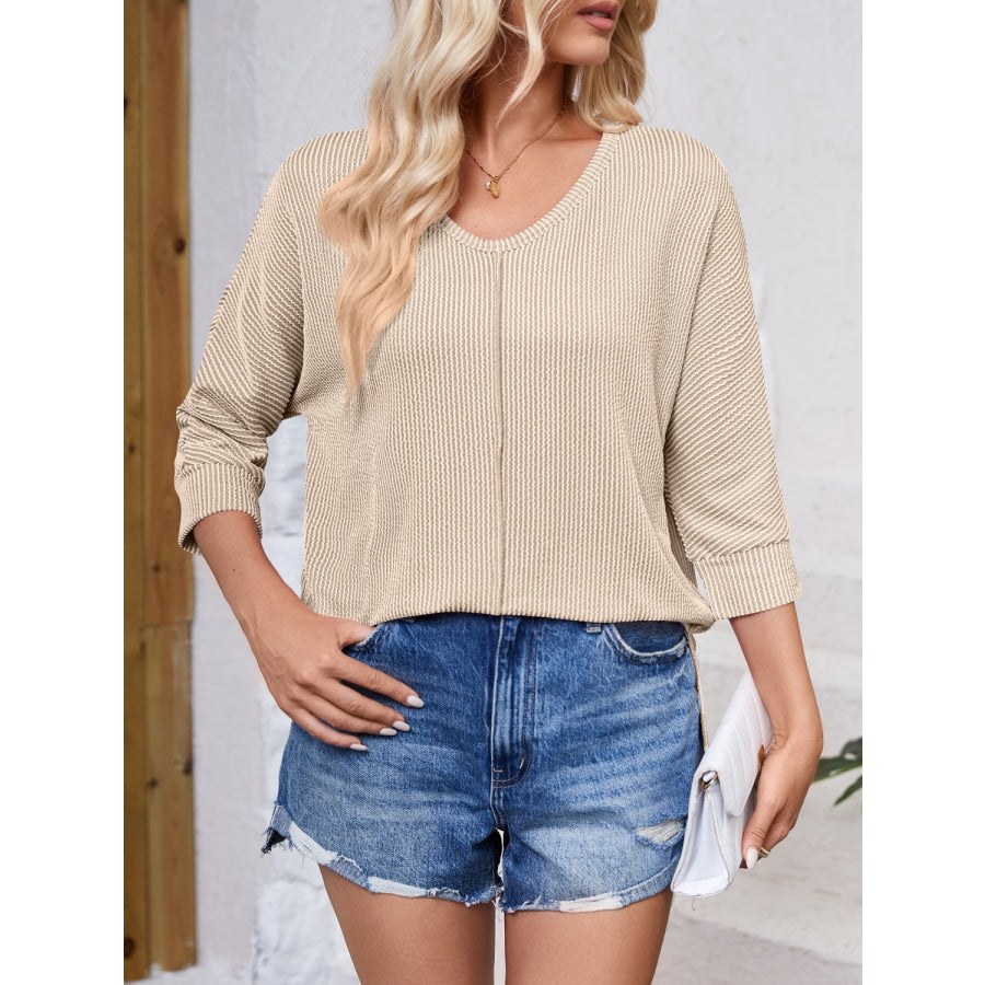 Textured Round Neck Three-Quarter Sleeve Blouse Apparel and Accessories