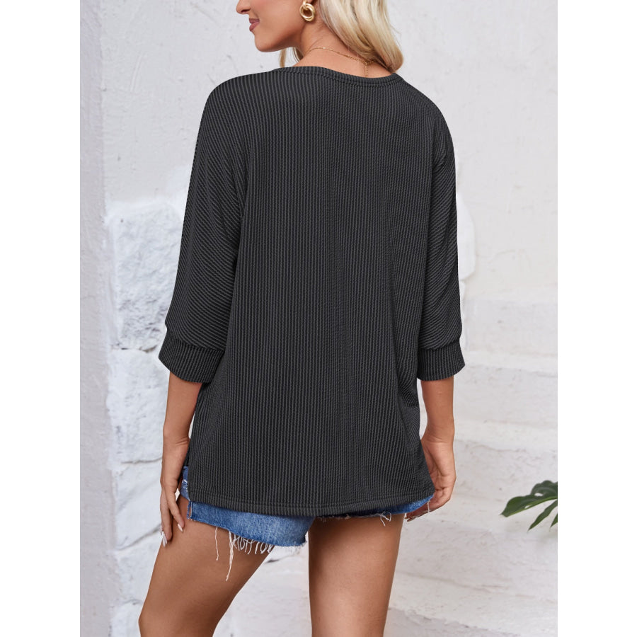 Textured Round Neck Three-Quarter Sleeve Blouse Apparel and Accessories