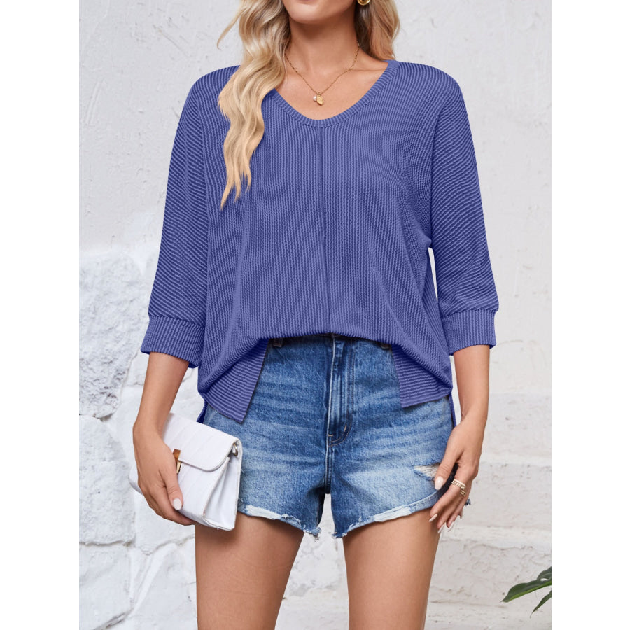 Textured Round Neck Three-Quarter Sleeve Blouse Apparel and Accessories