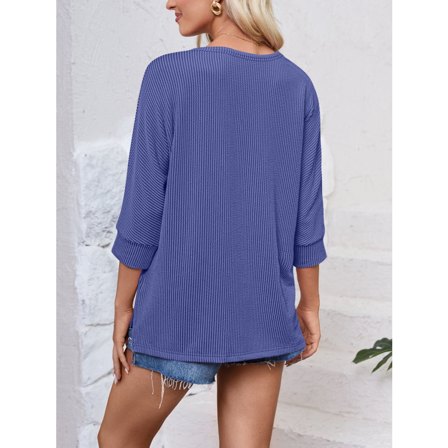 Textured Round Neck Three-Quarter Sleeve Blouse Apparel and Accessories