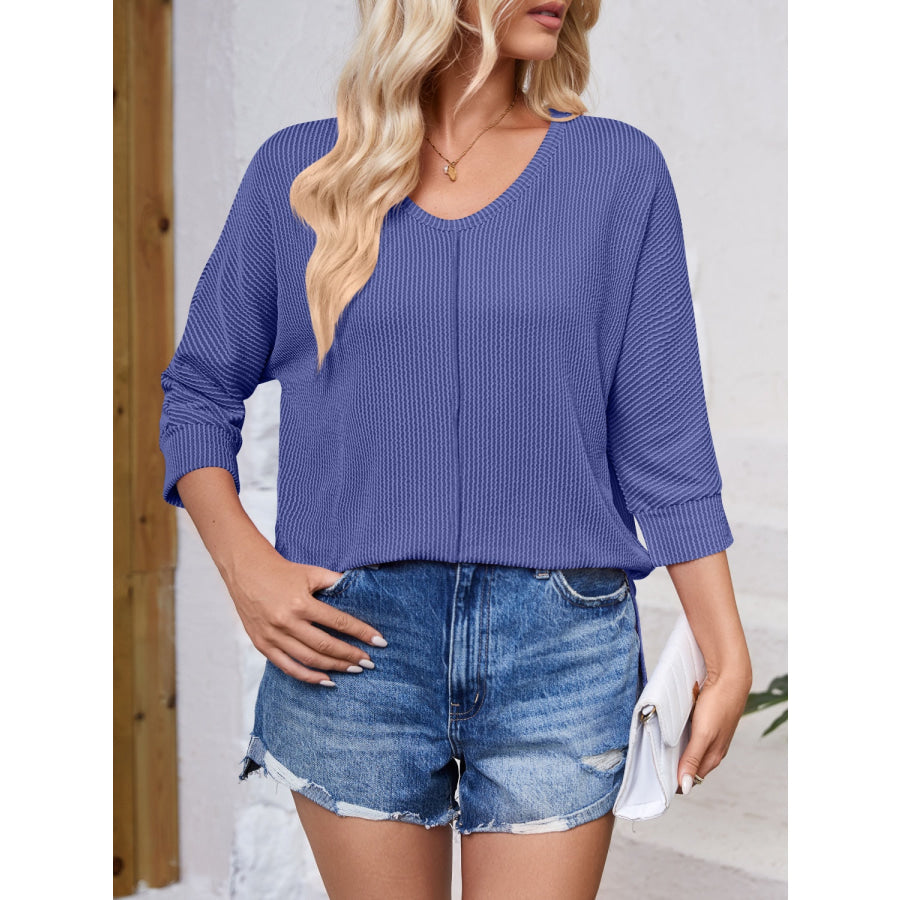 Textured Round Neck Three-Quarter Sleeve Blouse Apparel and Accessories