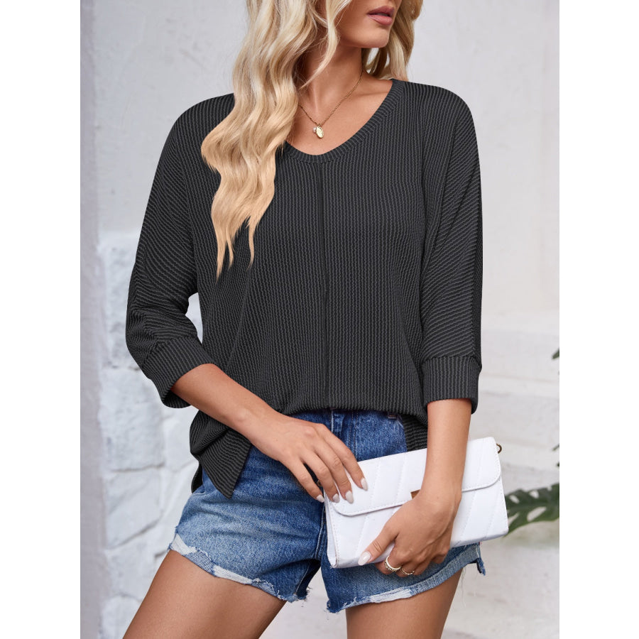 Textured Round Neck Three-Quarter Sleeve Blouse Apparel and Accessories