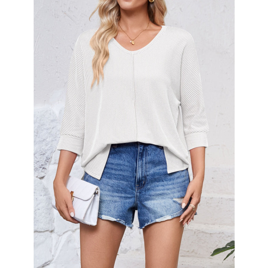 Textured Round Neck Three-Quarter Sleeve Blouse Apparel and Accessories