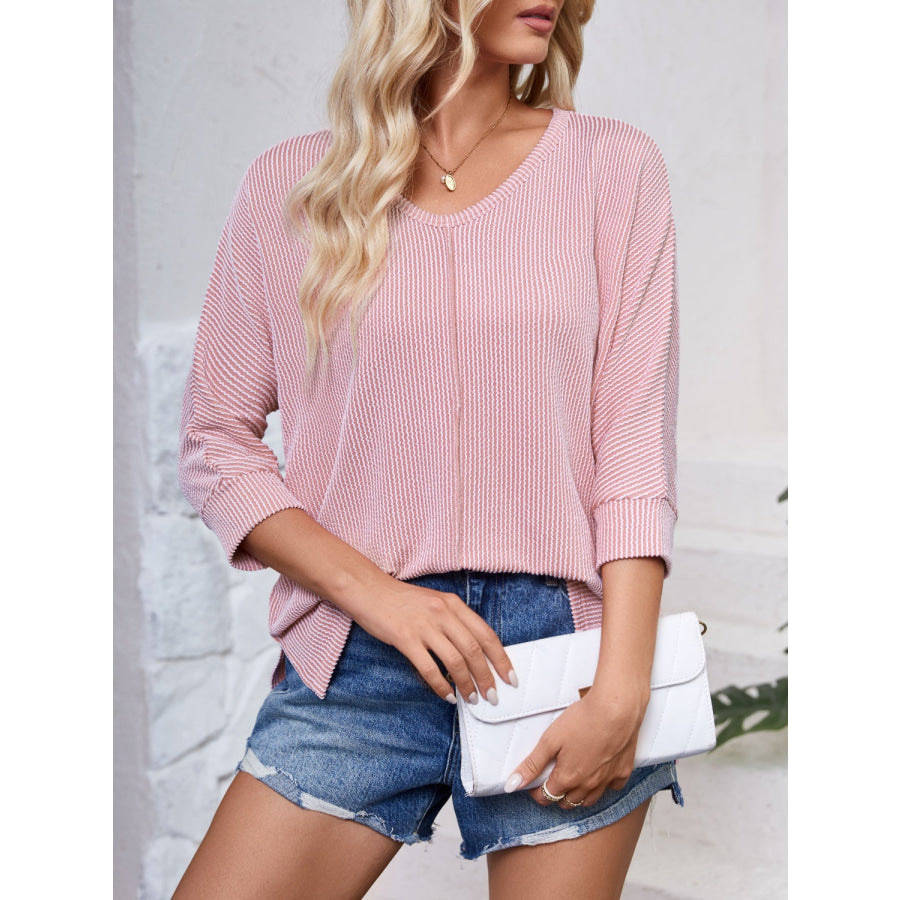 Textured Round Neck Three-Quarter Sleeve Blouse Apparel and Accessories