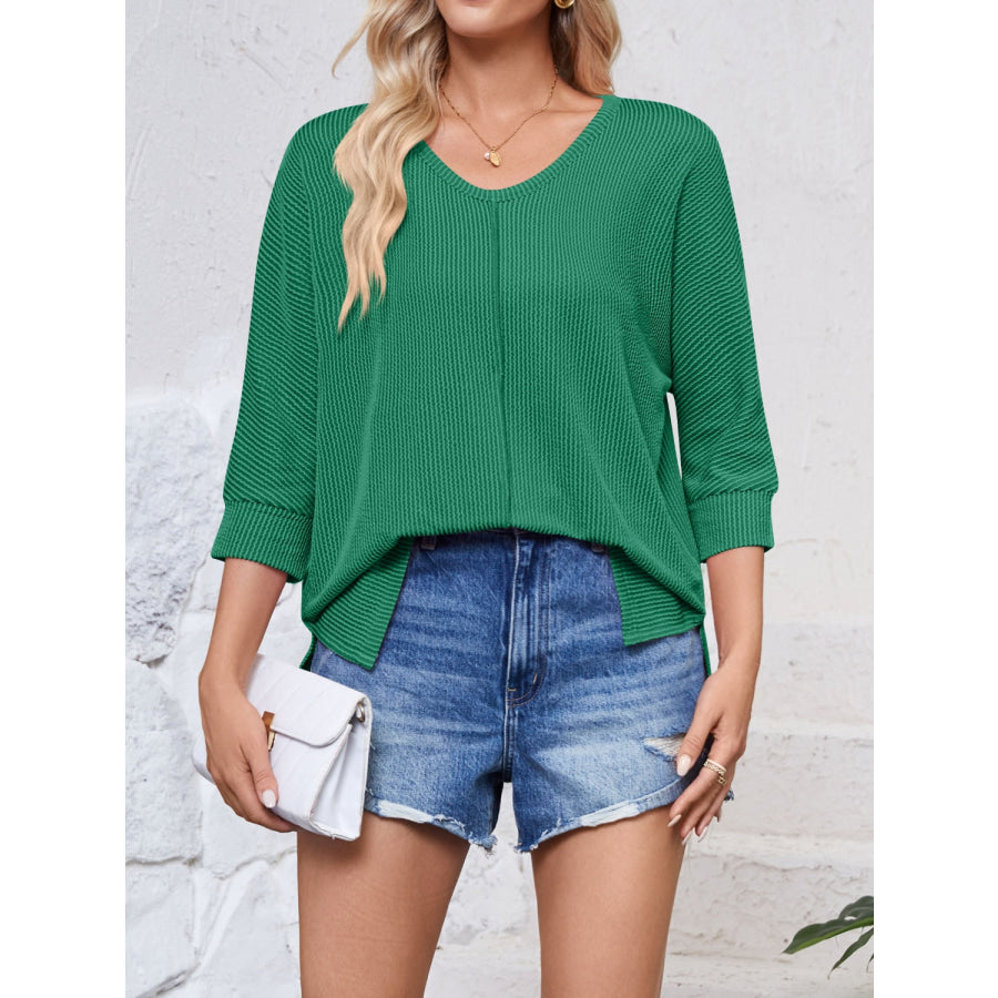 Textured Round Neck Three-Quarter Sleeve Blouse Apparel and Accessories