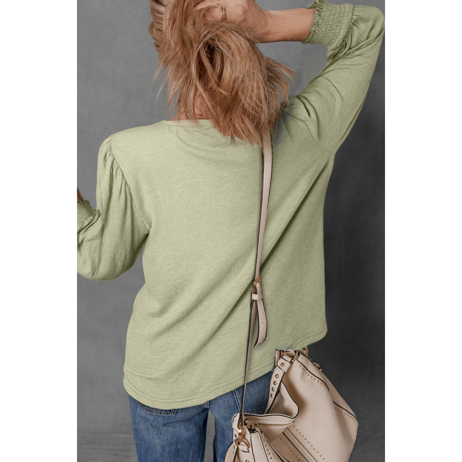 Textured Round Neck Three-Quarter Sleeve Blouse Apparel and Accessories