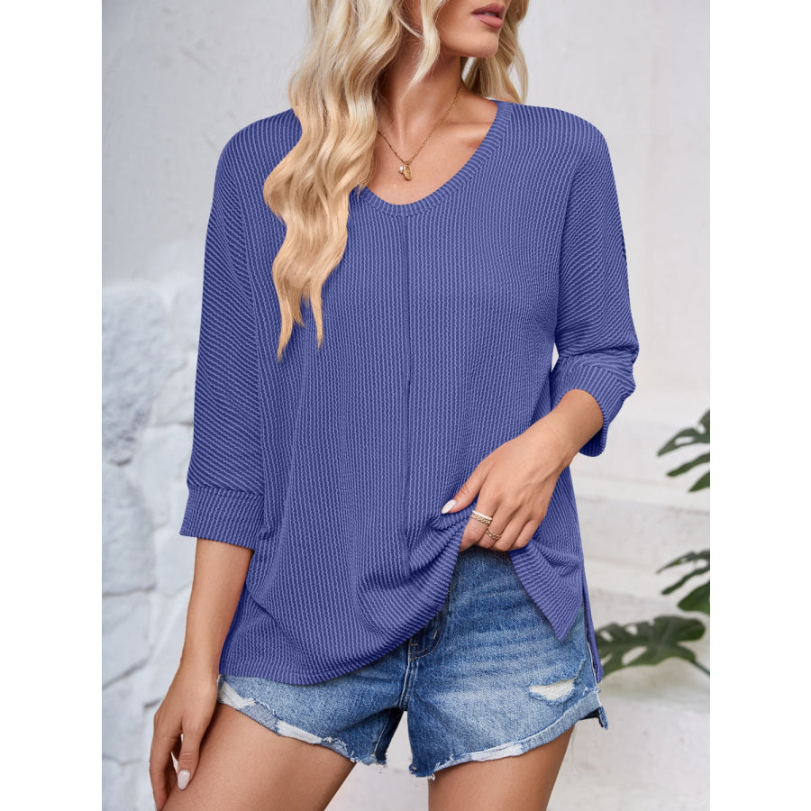 Textured Round Neck Three-Quarter Sleeve Blouse Apparel and Accessories