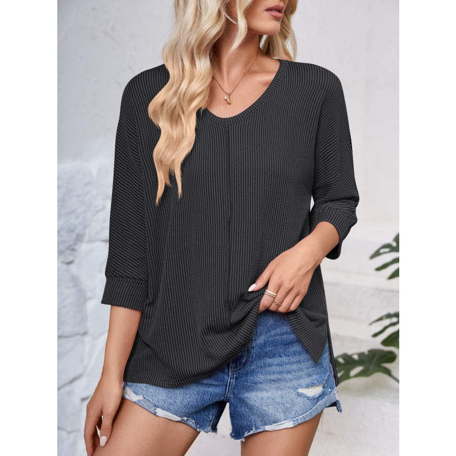 Textured Round Neck Three-Quarter Sleeve Blouse Apparel and Accessories