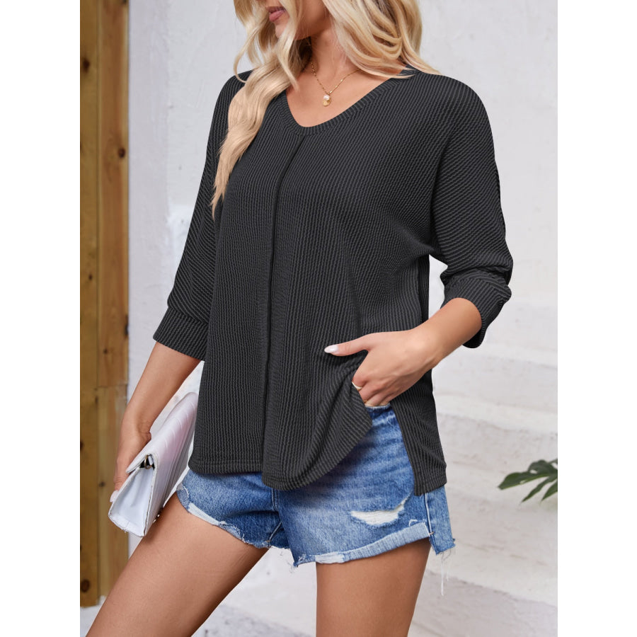 Textured Round Neck Three-Quarter Sleeve Blouse Apparel and Accessories