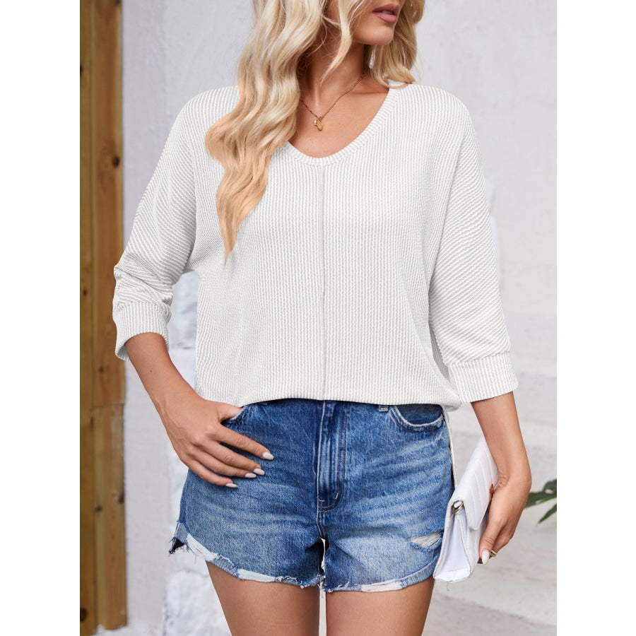 Textured Round Neck Three-Quarter Sleeve Blouse Apparel and Accessories