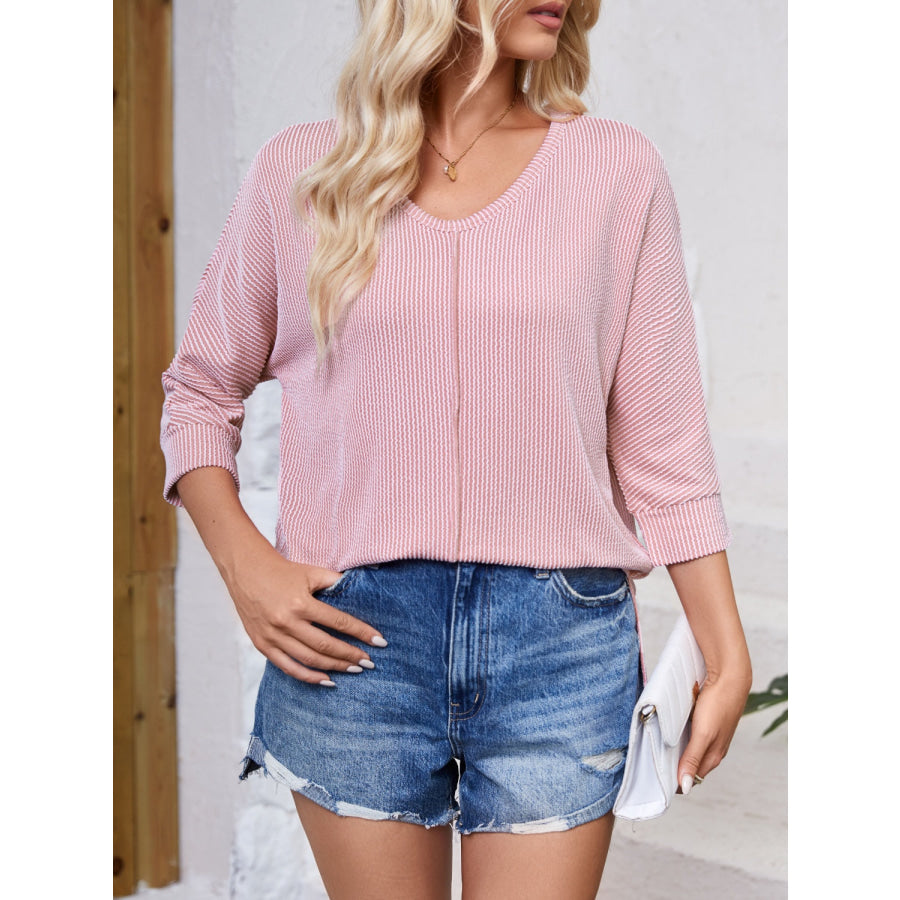 Textured Round Neck Three-Quarter Sleeve Blouse Apparel and Accessories