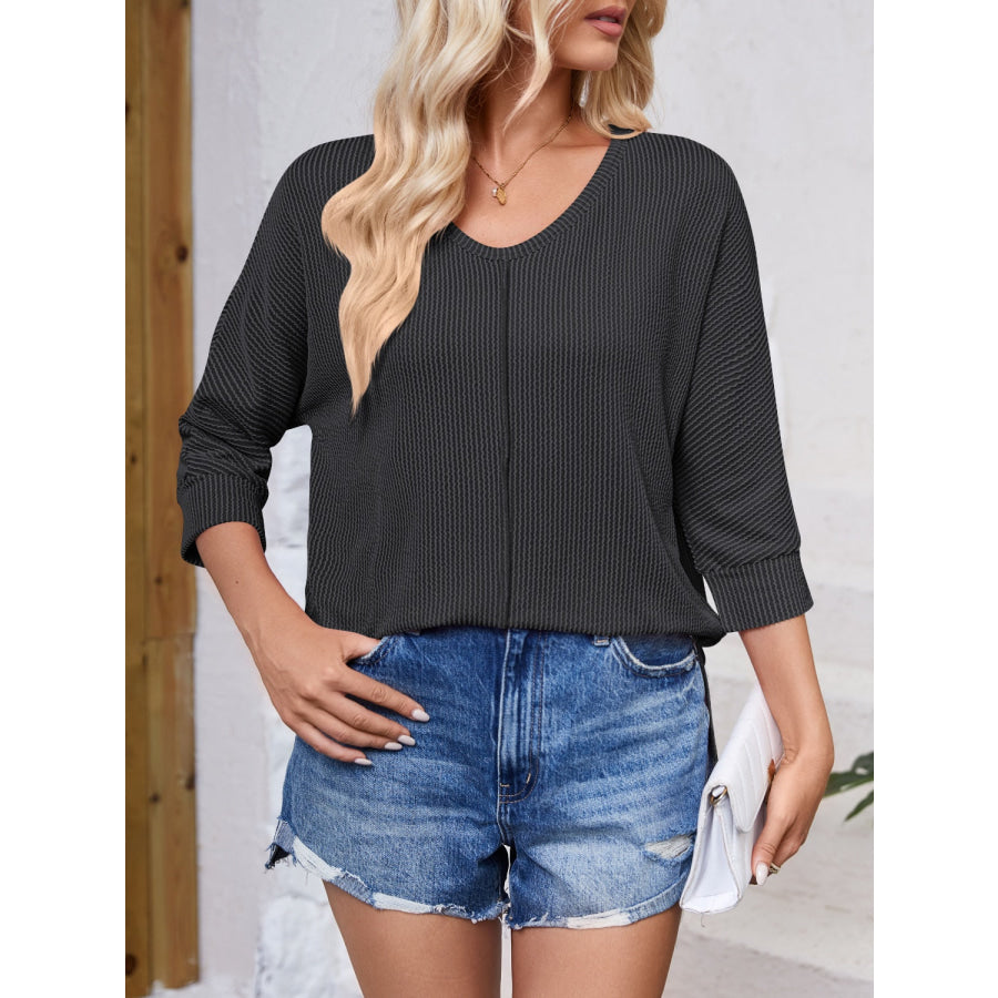 Textured Round Neck Three-Quarter Sleeve Blouse Apparel and Accessories