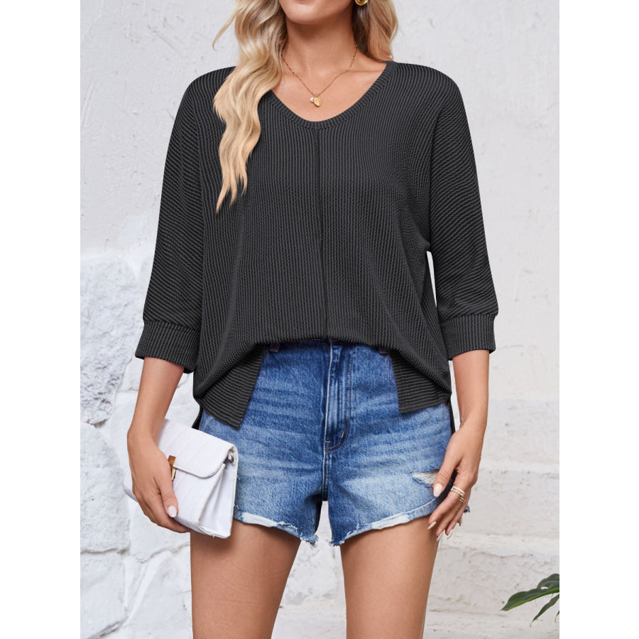 Textured Round Neck Three-Quarter Sleeve Blouse Black / S Apparel and Accessories