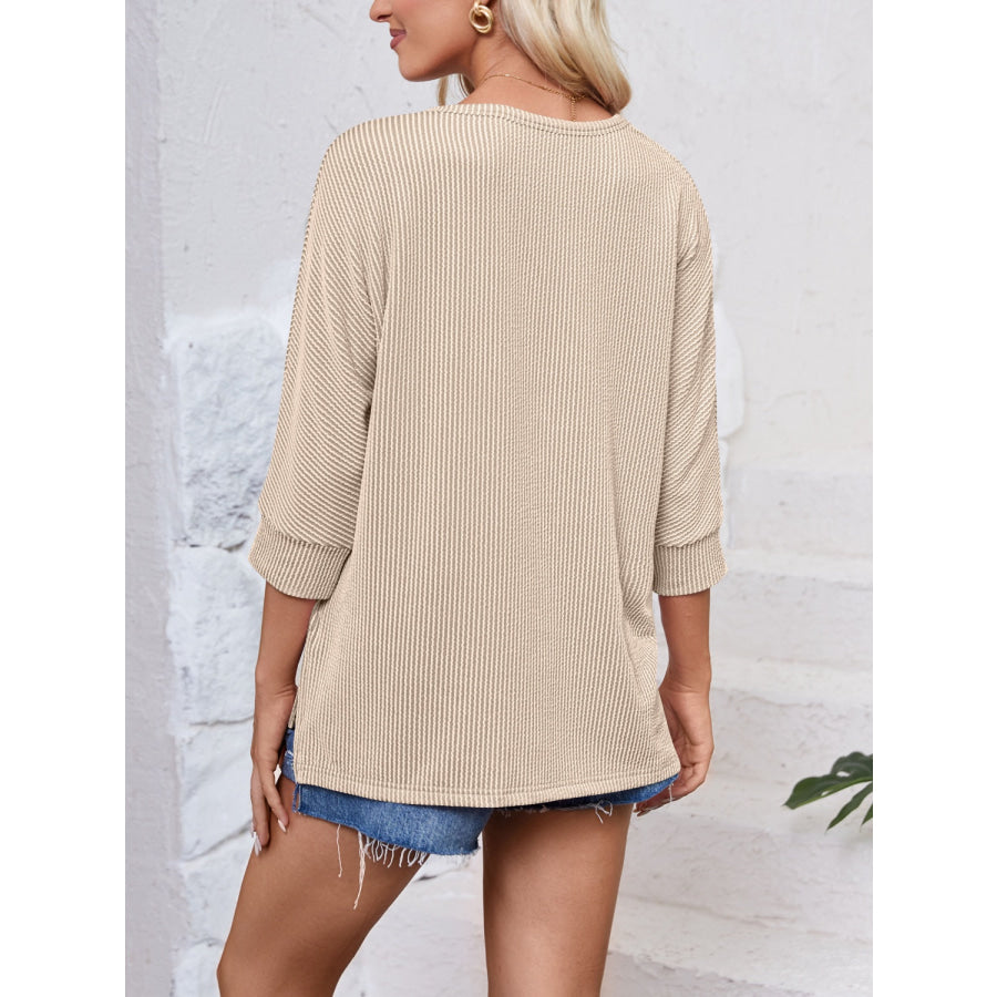 Textured Round Neck Three-Quarter Sleeve Blouse Dust Storm / S Apparel and Accessories