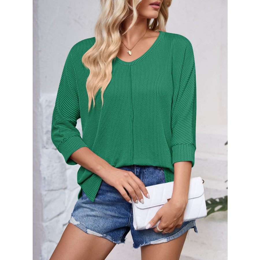 Textured Round Neck Three-Quarter Sleeve Blouse Green / S Apparel and Accessories