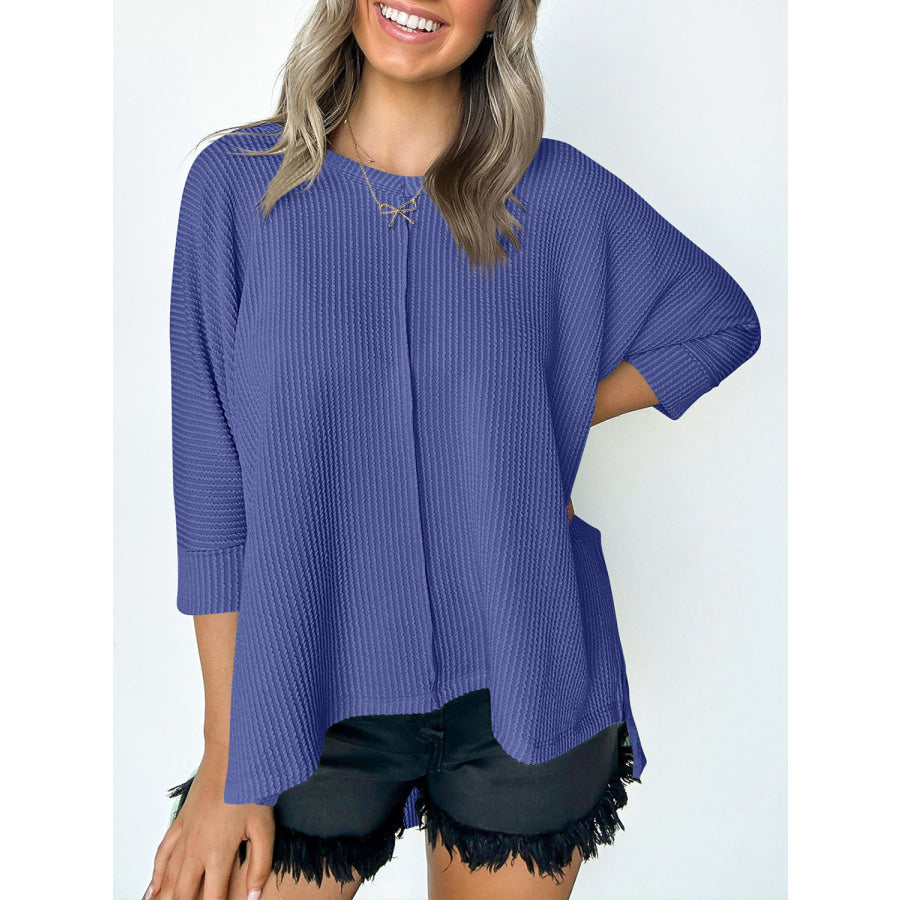 Textured Round Neck Three-Quarter Sleeve Blouse Light Indigo / S Apparel and Accessories