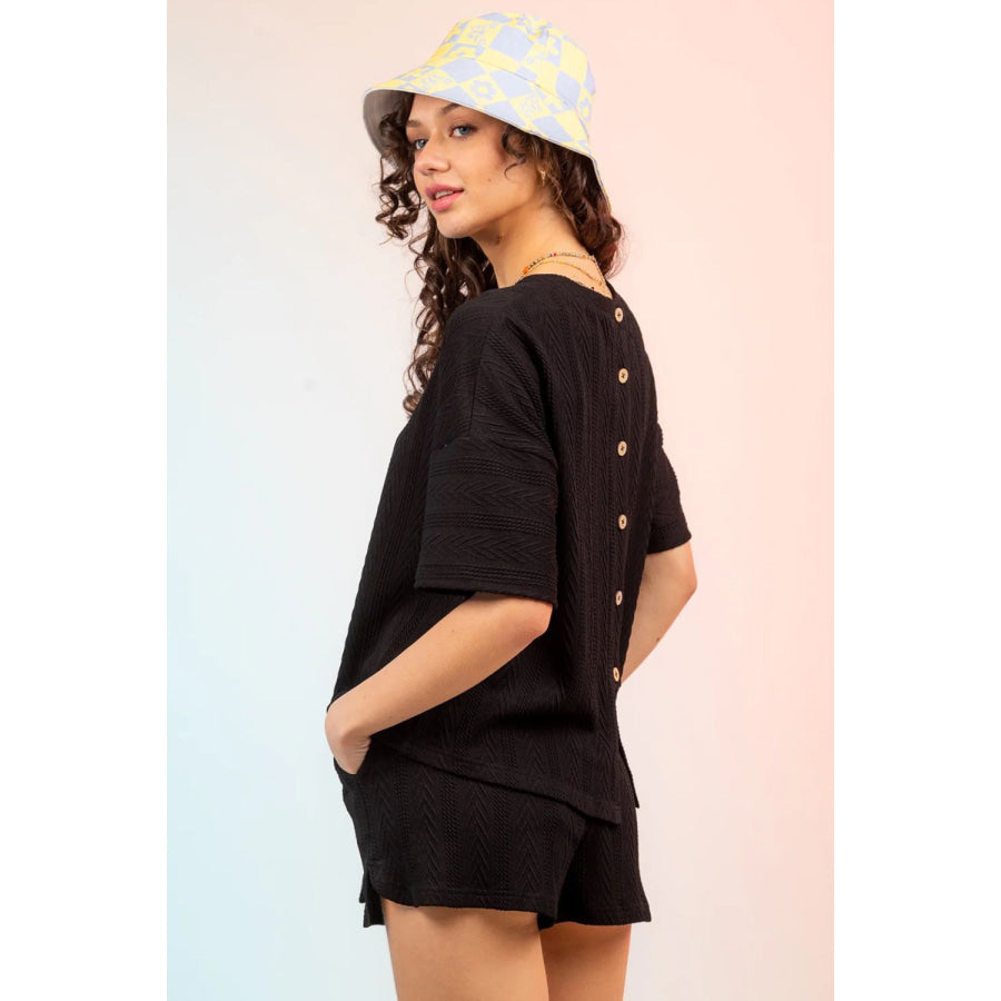 Textured Round Neck Top and Shorts Set Black / S Apparel and Accessories