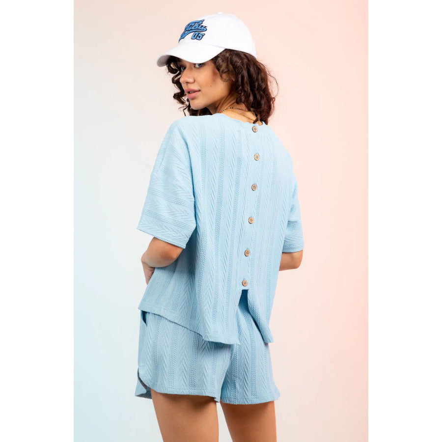 Textured Round Neck Top and Shorts Set Blue / S Apparel and Accessories
