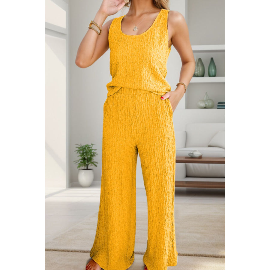 Textured Round Neck Top and Wide Leg Pants Set Apparel and Accessories