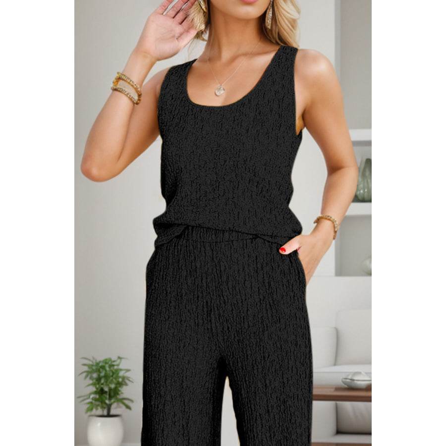 Textured Round Neck Top and Wide Leg Pants Set Apparel and Accessories