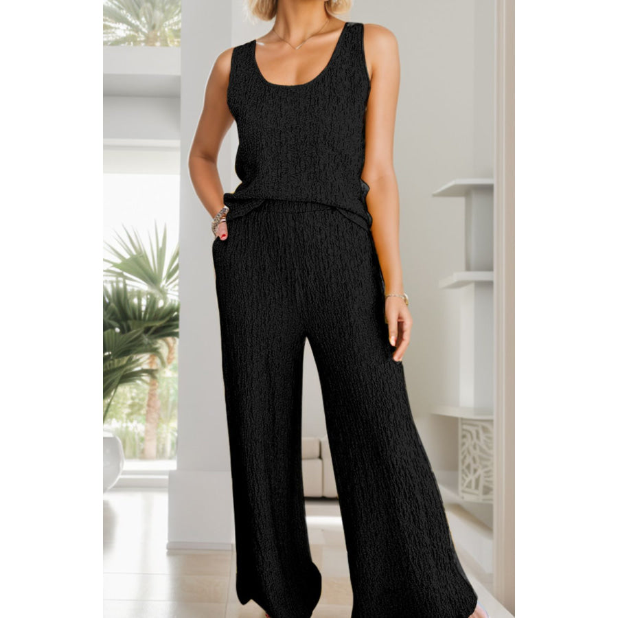 Textured Round Neck Top and Wide Leg Pants Set Black / S Apparel and Accessories