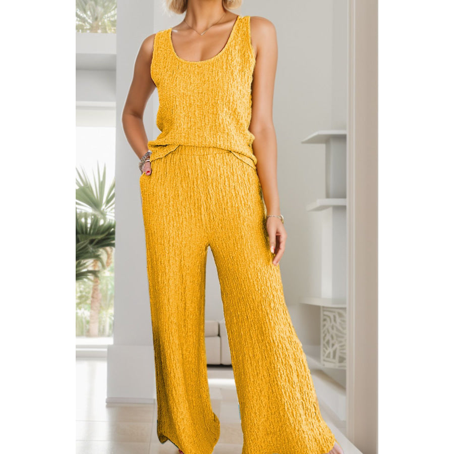 Textured Round Neck Top and Wide Leg Pants Set True Yellow / S Apparel and Accessories