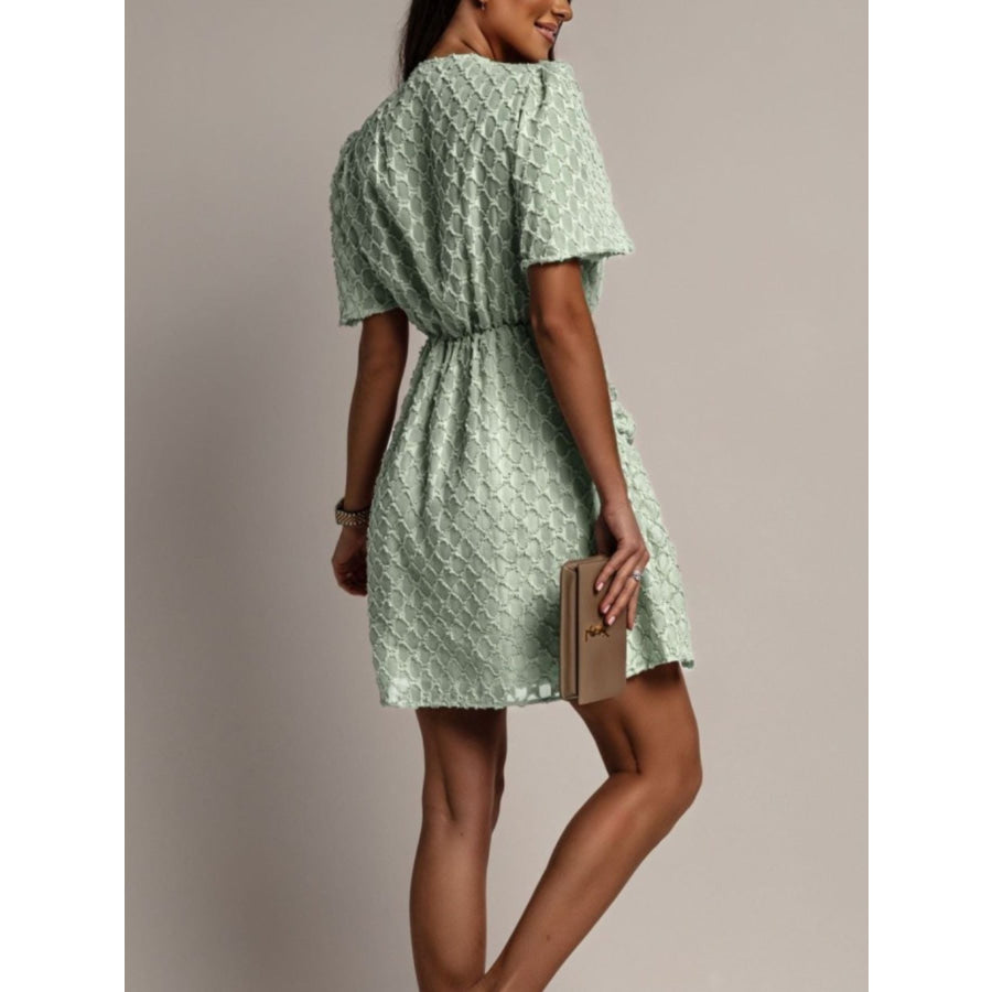 Textured Ruched Surplice Short Sleeve Dress Apparel and Accessories