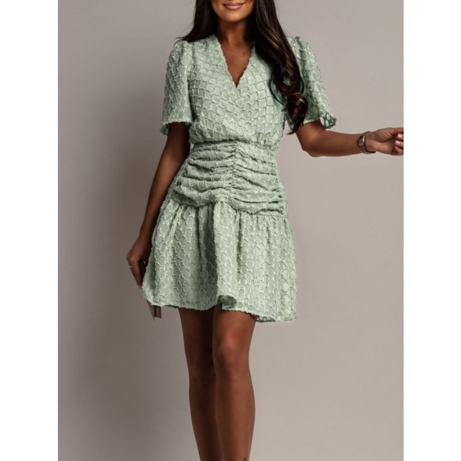 Textured Ruched Surplice Short Sleeve Dress Apparel and Accessories