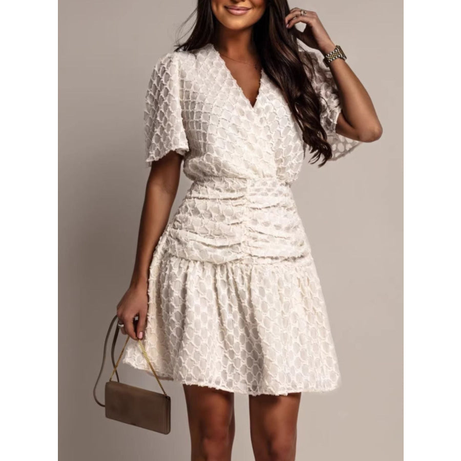 Textured Ruched Surplice Short Sleeve Dress Apparel and Accessories