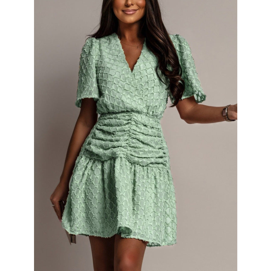 Textured Ruched Surplice Short Sleeve Dress Apparel and Accessories
