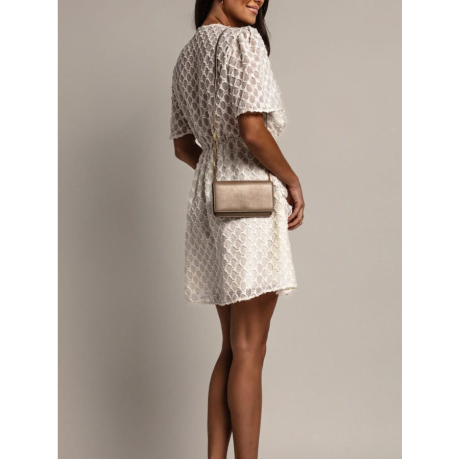 Textured Ruched Surplice Short Sleeve Dress Apparel and Accessories