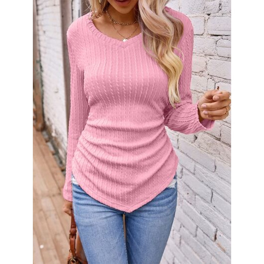 Textured Ruched V-Neck Long Sleeve T-Shirt Carnation Pink / S Clothing