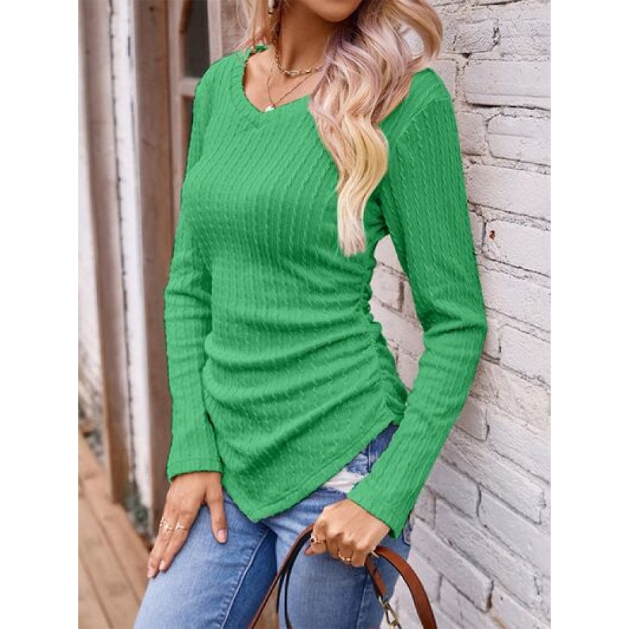 Textured Ruched V-Neck Long Sleeve T-Shirt Clothing