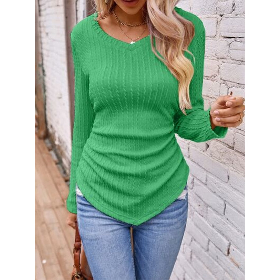 Textured Ruched V-Neck Long Sleeve T-Shirt Clothing