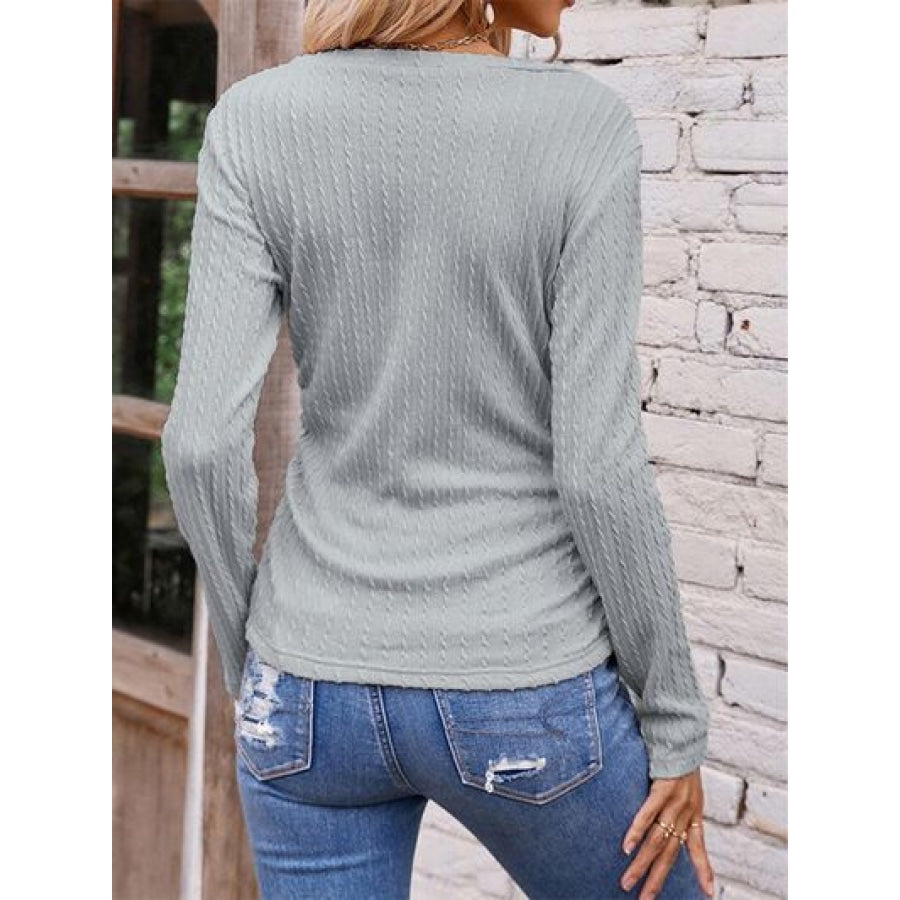 Textured Ruched V-Neck Long Sleeve T-Shirt Clothing