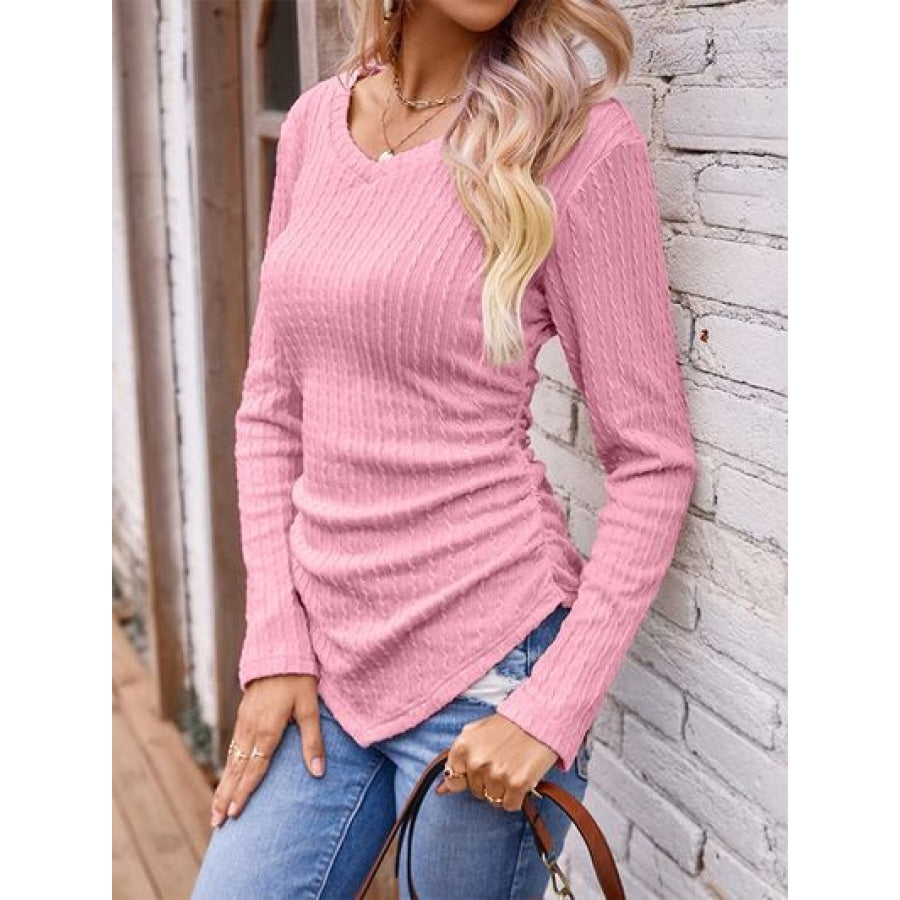 Textured Ruched V-Neck Long Sleeve T-Shirt Clothing