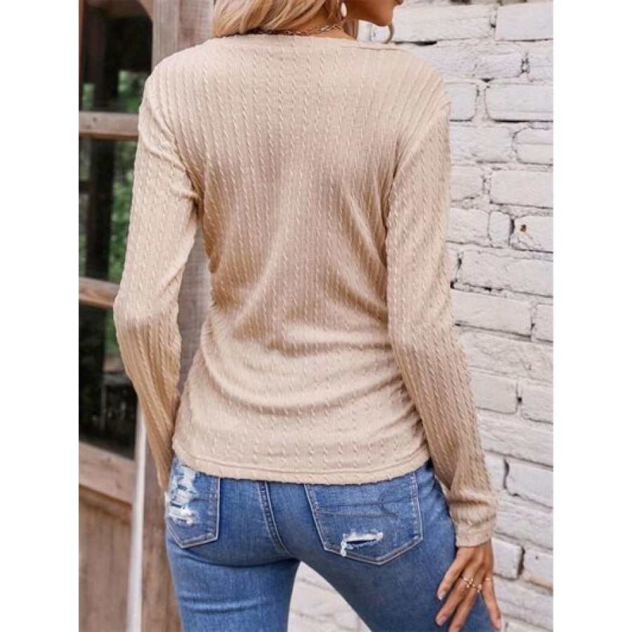 Textured Ruched V-Neck Long Sleeve T-Shirt Clothing