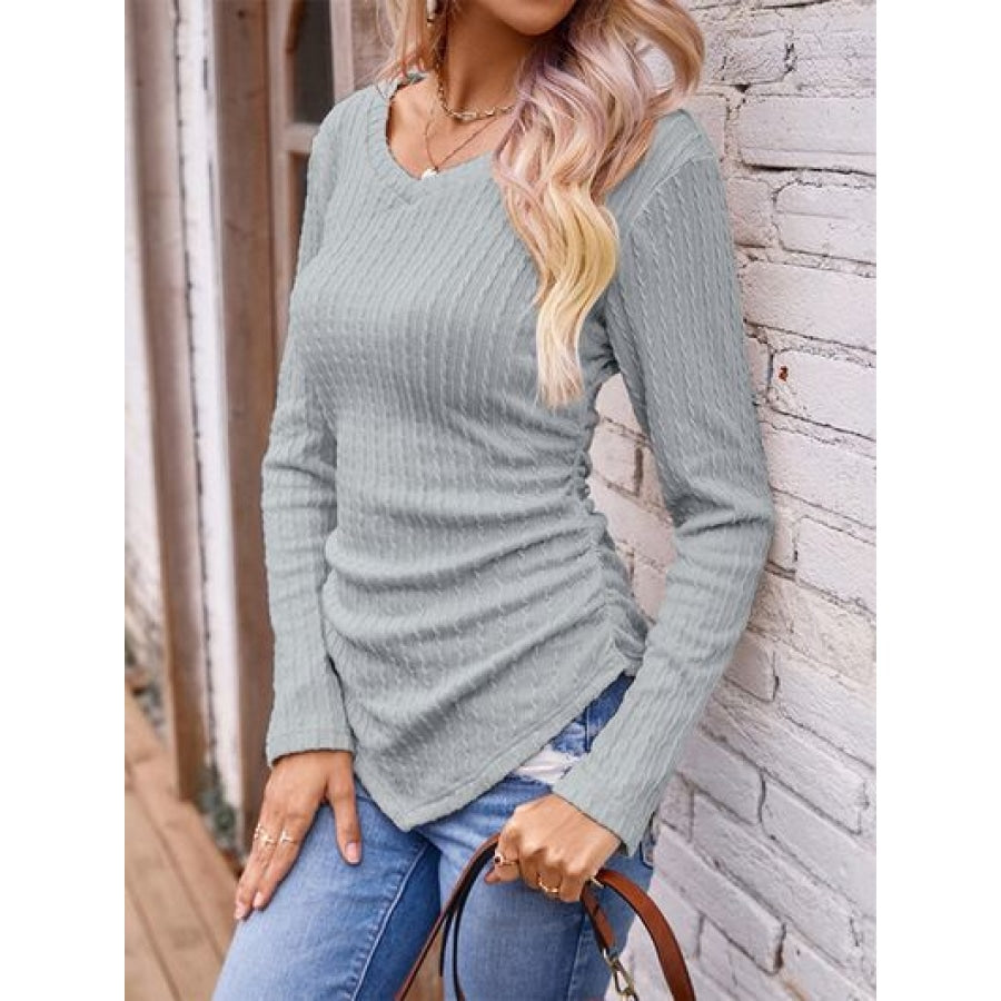 Textured Ruched V-Neck Long Sleeve T-Shirt Clothing