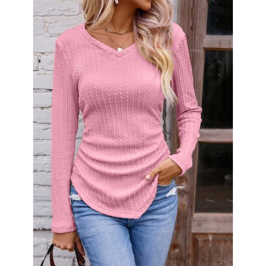 Textured Ruched V-Neck Long Sleeve T-Shirt Clothing