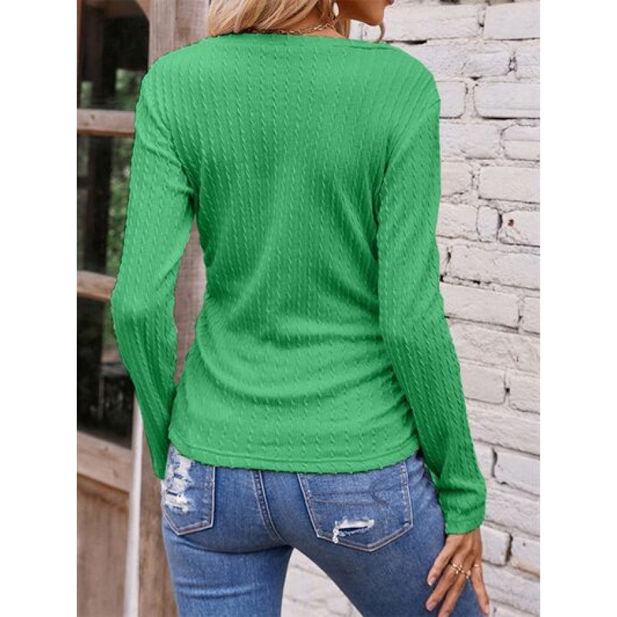 Textured Ruched V-Neck Long Sleeve T-Shirt Clothing