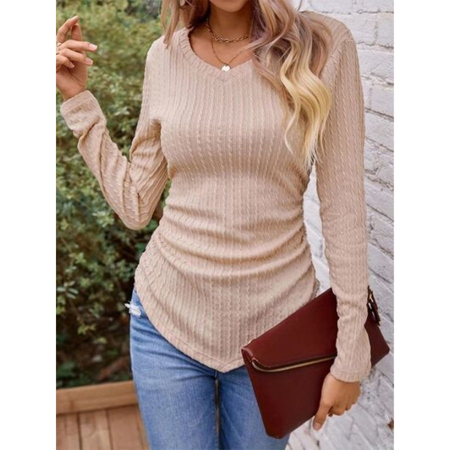 Textured Ruched V-Neck Long Sleeve T-Shirt Clothing