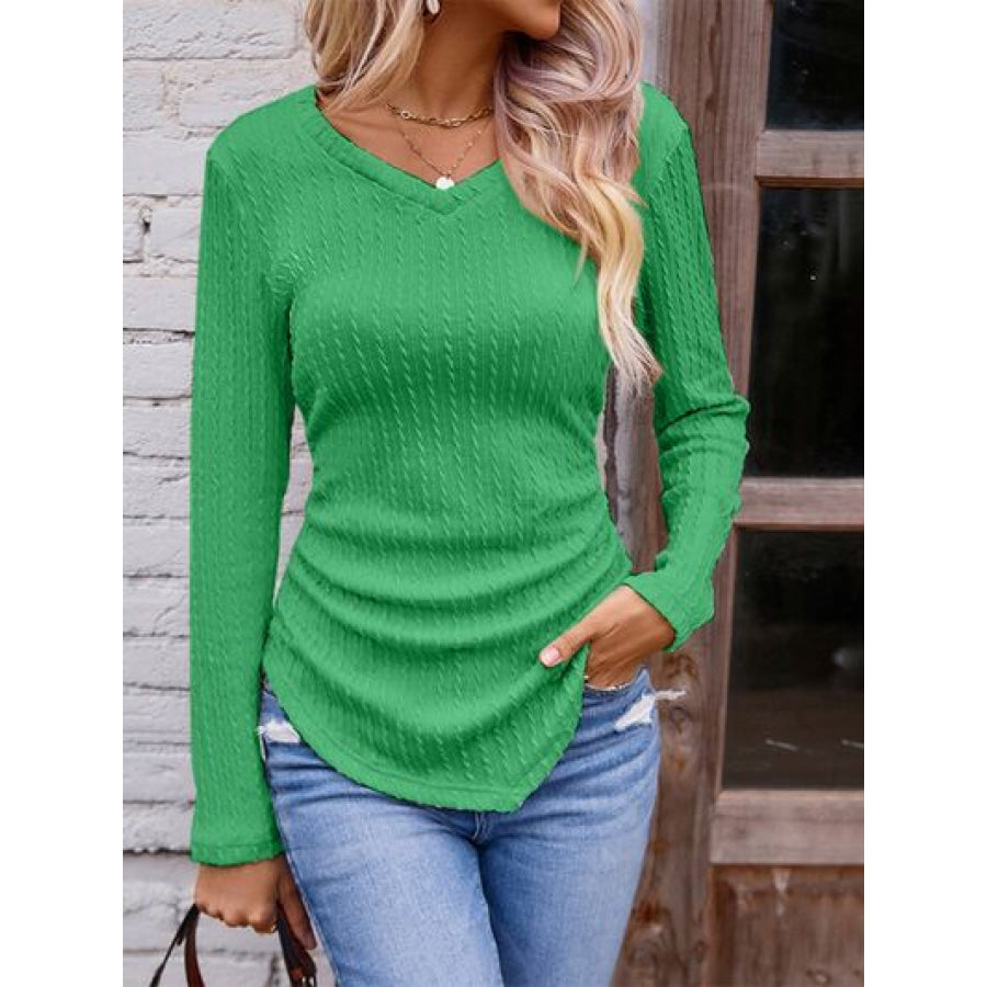 Textured Ruched V-Neck Long Sleeve T-Shirt Mid Green / S Clothing