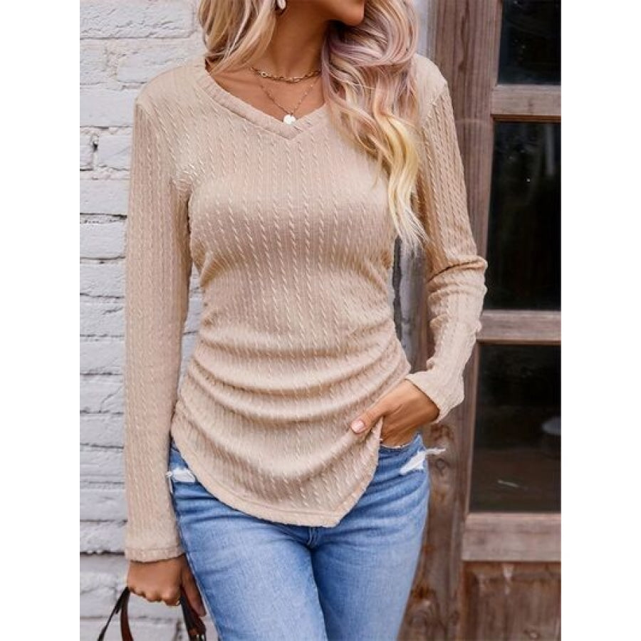 Textured Ruched V-Neck Long Sleeve T-Shirt Sand / S Clothing