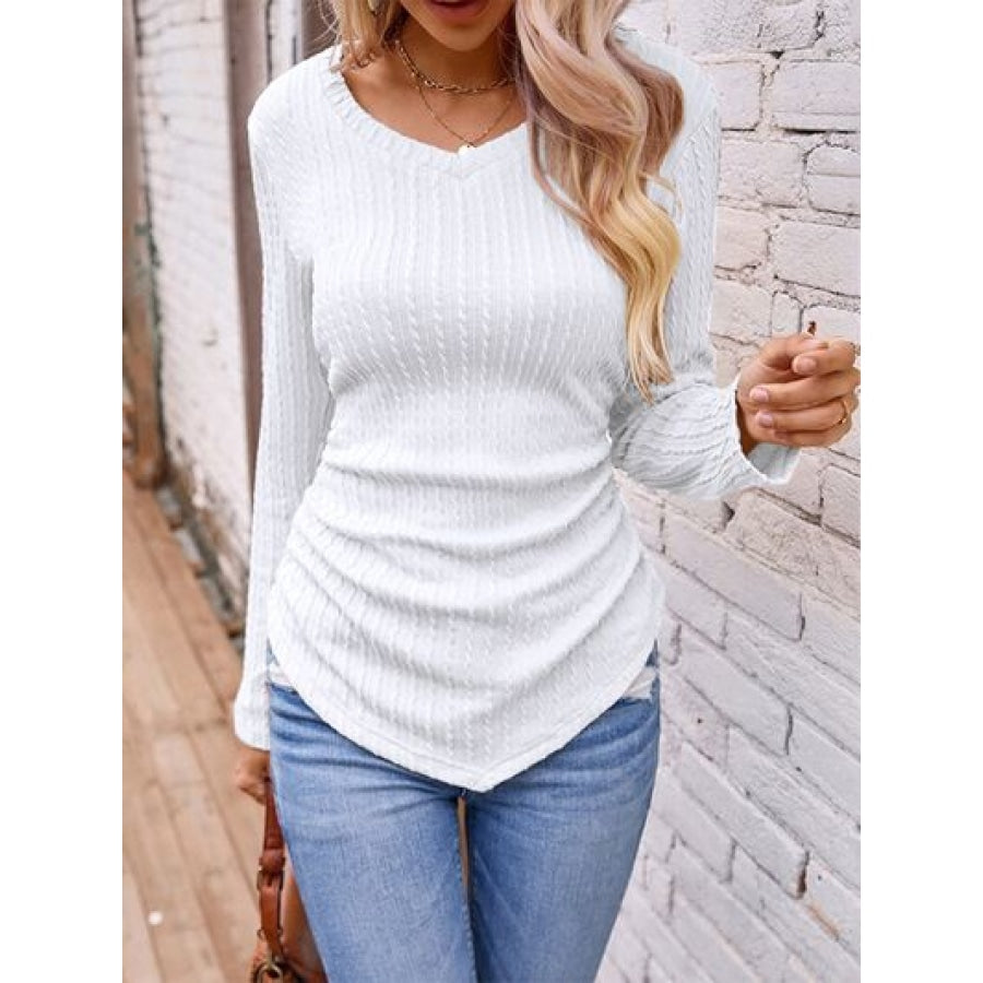 Textured Ruched V-Neck Long Sleeve T-Shirt White / S Clothing