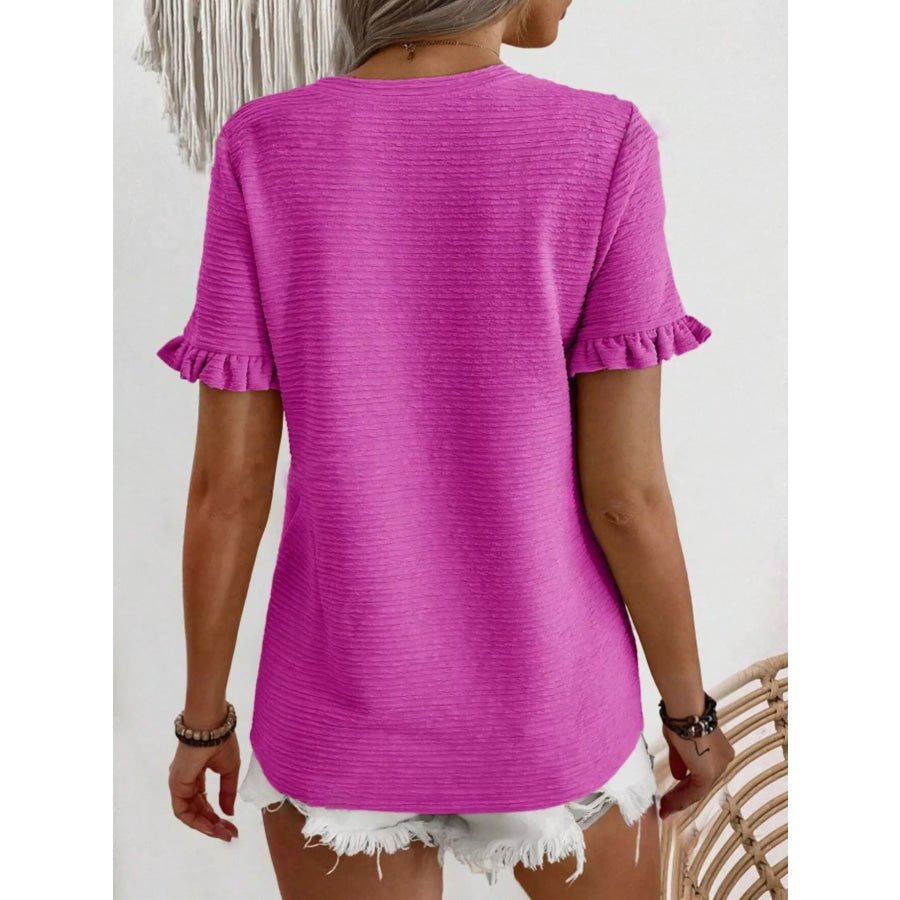 Textured Ruffle Sleeve Round Neck T-Shirt Apparel and Accessories