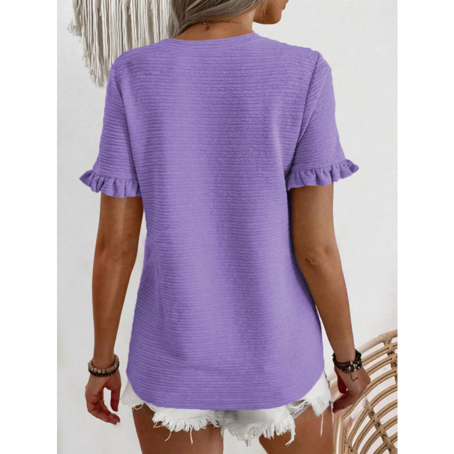 Textured Ruffle Sleeve Round Neck T-Shirt Apparel and Accessories