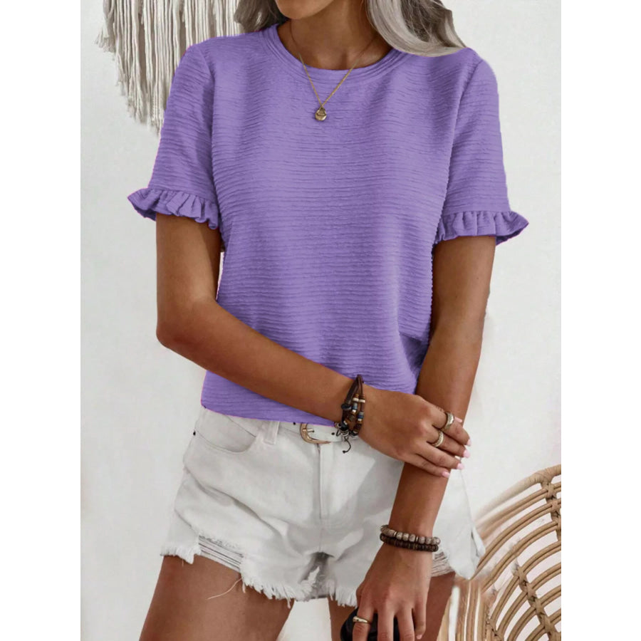 Textured Ruffle Sleeve Round Neck T-Shirt Apparel and Accessories