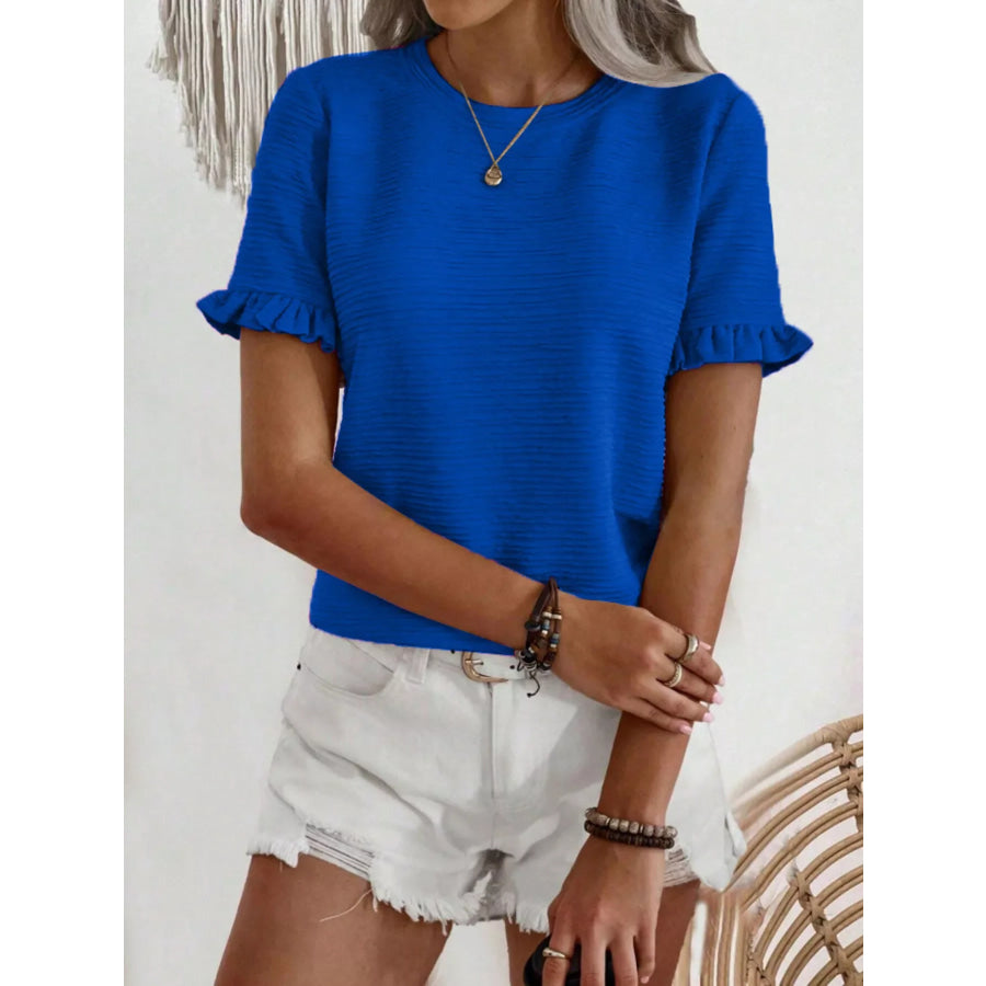 Textured Ruffle Sleeve Round Neck T-Shirt Apparel and Accessories