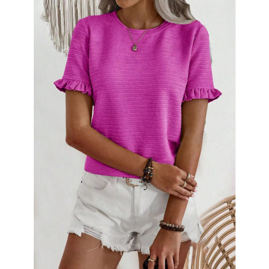 Textured Ruffle Sleeve Round Neck T-Shirt Apparel and Accessories